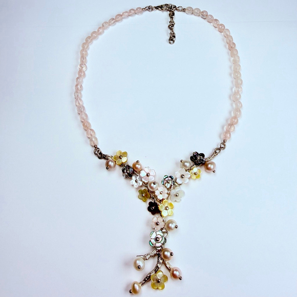 Jewelry - Whitney Kelly Rose Quartz MOP Pearl Mosaic Flower Sterling Silver 925 Necklace